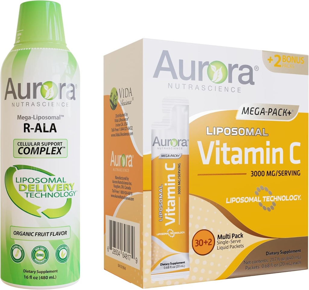 Aurora Nutrascience Mega-Liposomal R-ALA con CoQ10 & L-Carnitine Complex & Mega Liposomal Vitamin C, 3.000 mg Bundle