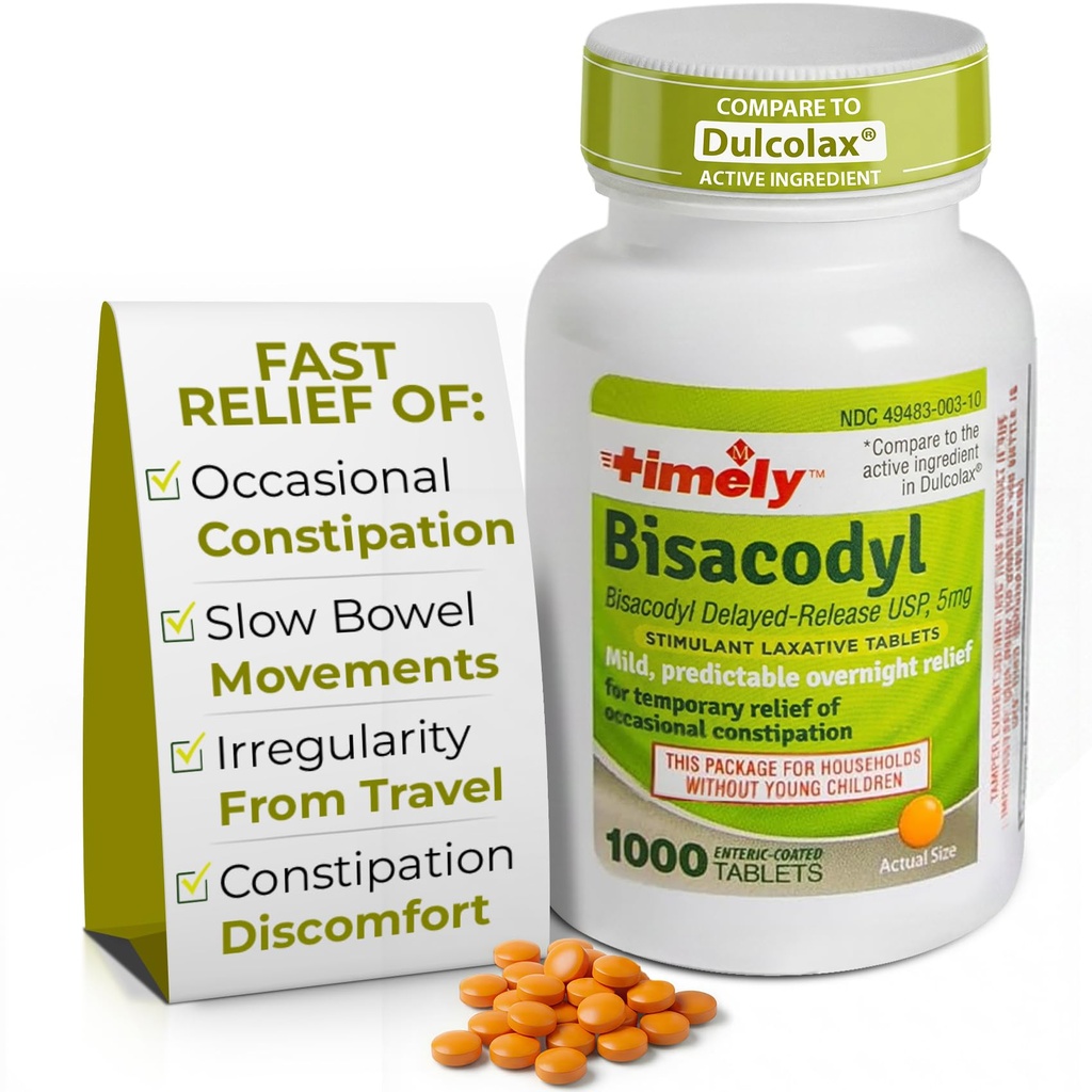 TIME-CAP LABS, INC. Timely Laxative Bisacodyl 5mg Tablets - Stimulant Laxatives for Constipation Fast Acting & Gentle - Overnight Constipation Relief for Adults -1000 Tablets
