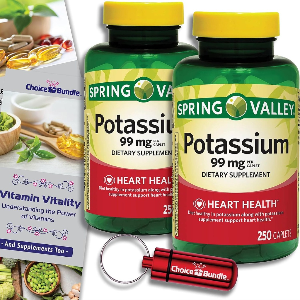 Scelta Bundle Spring Valley Potassium Heart Health Supplement Caplets 99 mg 250 CT 2 pk (500 Totale) + Guida "Vitamin Vitality" & Keychain Pill Container (4 articoli)!