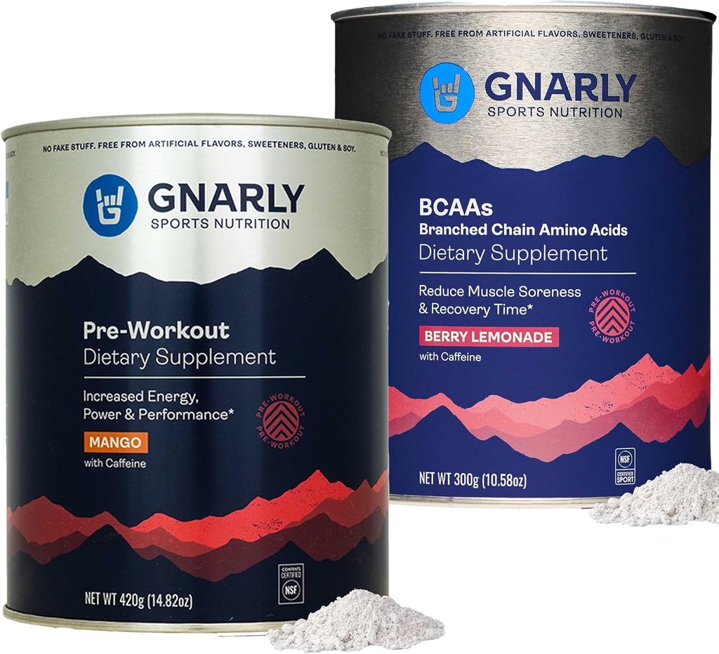 Gnarly Nutrition Pré-entraînement Mangue (14.82oz) BCAAs Berry Lemonade (10.58oz)