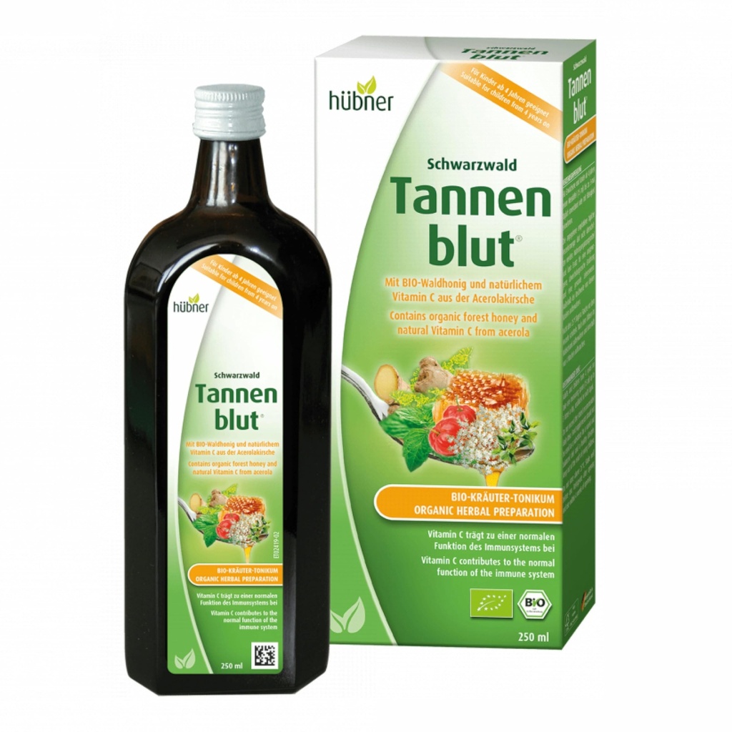 Hubner Tannenblut Préparation biologique à base de plantes, sirop de toux au miel, soutien à la gorge froide et à la gorge douloureuse, soulagement apaisant, supplément de vitamine C pour adultes et enfants de 4 ans et plus, sans casher et sans alcool, 250 ml