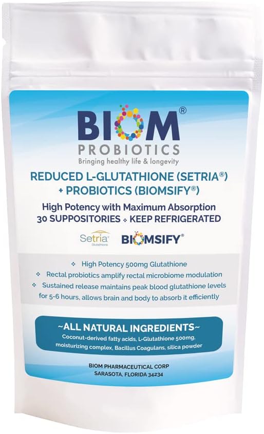 Forte puissance 500mg L-Glutathion réduit (Setria Brand) + suppositoire probiotique. Formulation maximale biodisponible de glutathion avec des antioxydants puissants. Compléments probiotiques La formulation