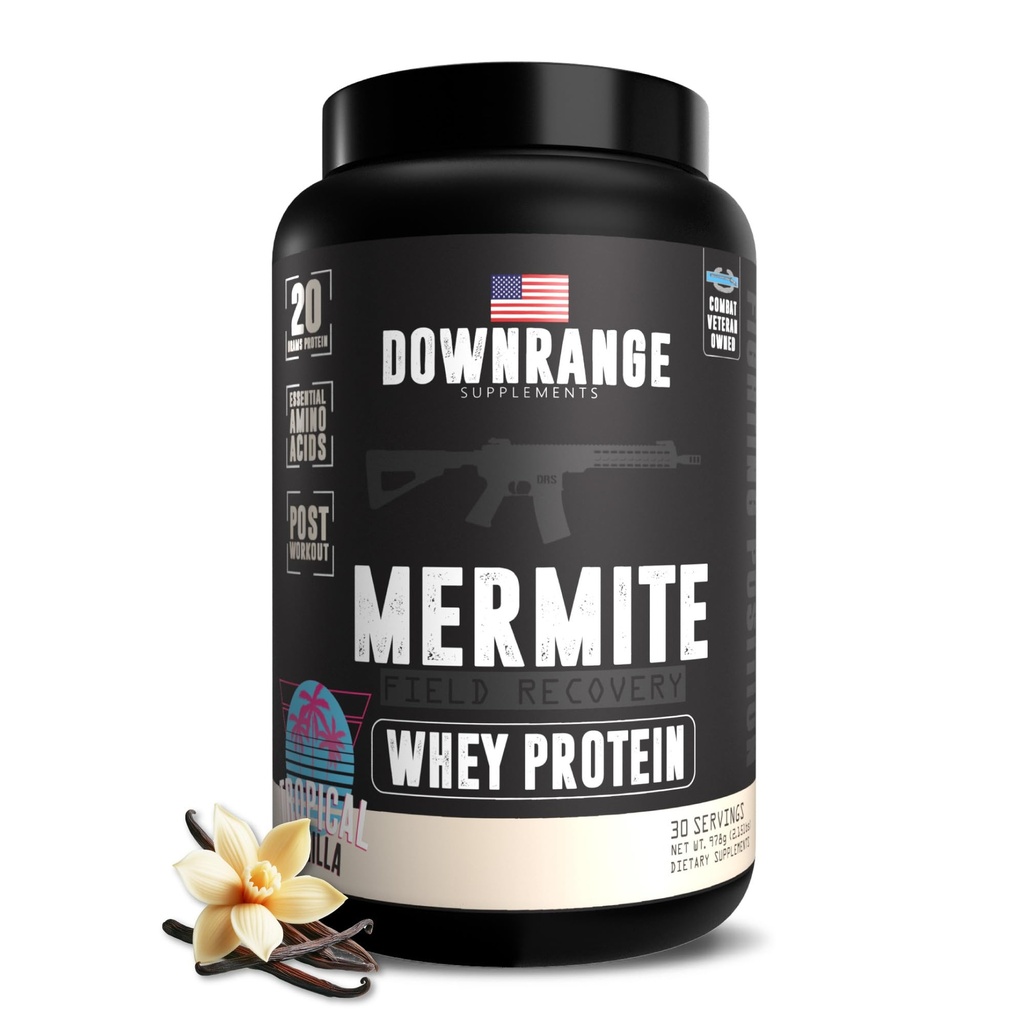Polvere di proteine del siero di DownRange Mermite, recupero del muscolo post allenamento & supporto energetico, supplemento di miscela di bevanda con proteine del siero di 20g, aminoacido 9g, 30 Servings (Vanilla)