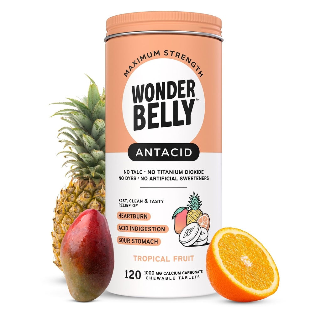 Wunderbar Antacid, Effektive Sodbrennen und Instant Acid Indigestion Relief, extra Stärke Kautabletten, 1000 mg Calciumcarbonat, No Talc oder Dye, Tropical Fruit, 120 Count
