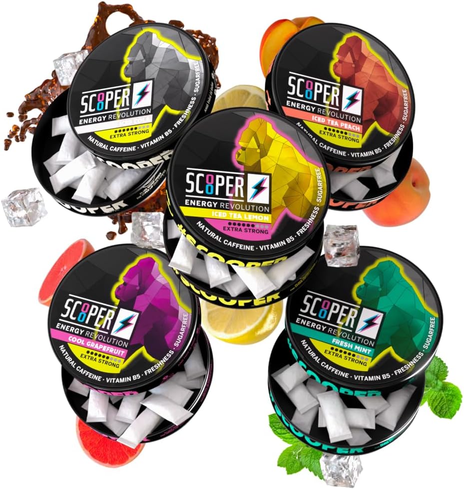 Scooper Energy I 5 cans I All-in-One-Box I Energy Pouches Sugarfree I 80 mg Natürliche Koffein Alle Geschmackspackung I 12 Pouches I Cool Grapefruit, Frische Minze, Iced Cola, Iced Peach & Lemon Tea