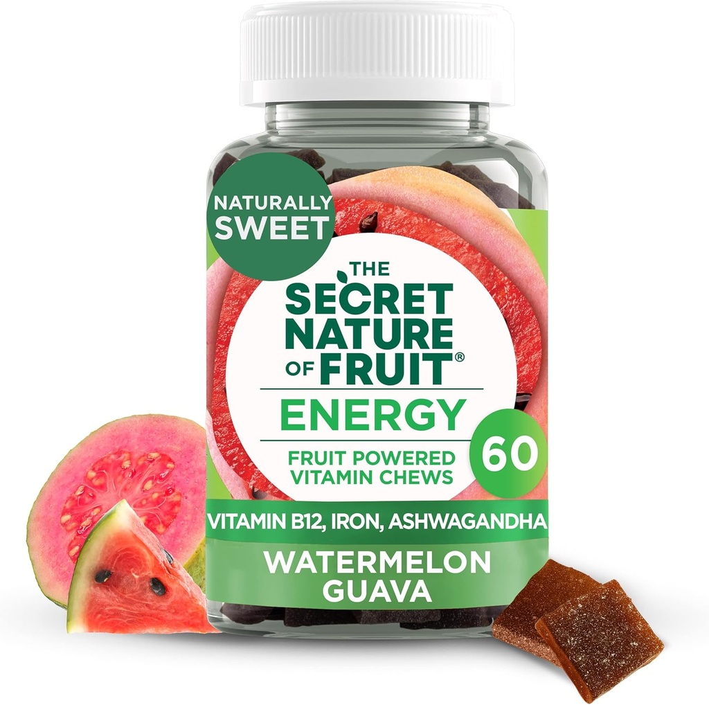 La nature secrète de l'énergie fruitière Mâches, Vitamines aux vrais fruits avec vitamine B12, Fer, Ashwagandha, pastèque et Guava pour l'énergie durable (60 comte), rose