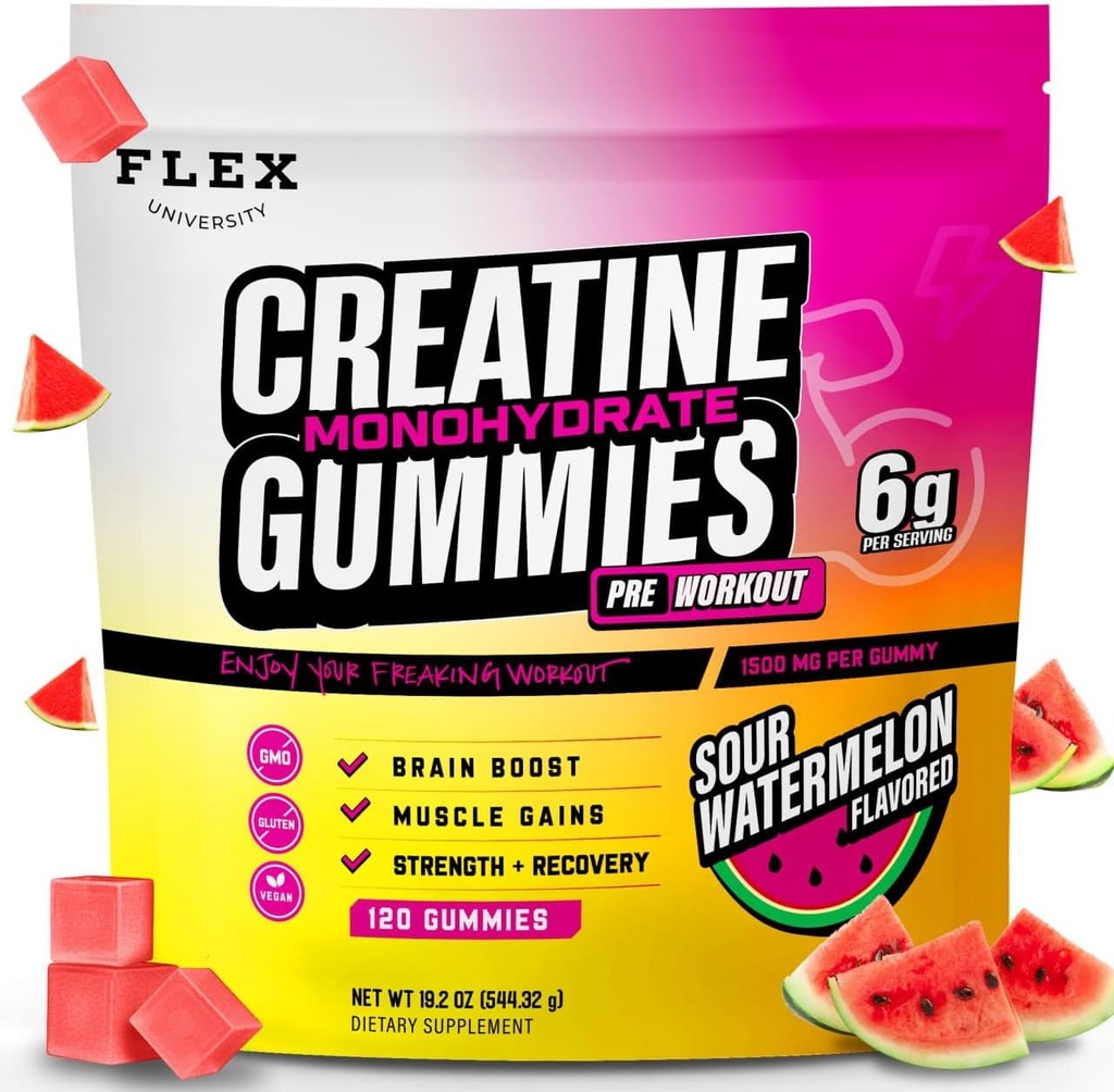 Creatine PreWorkout Gummies für Männer Frauen 6g, Creatine Monohydrate Pre Post Workout Recovery Muscle Building Supplement Protein Chewables, Vegan Watermelon Creatina Gym Booty Growth Gains (120 Ct)