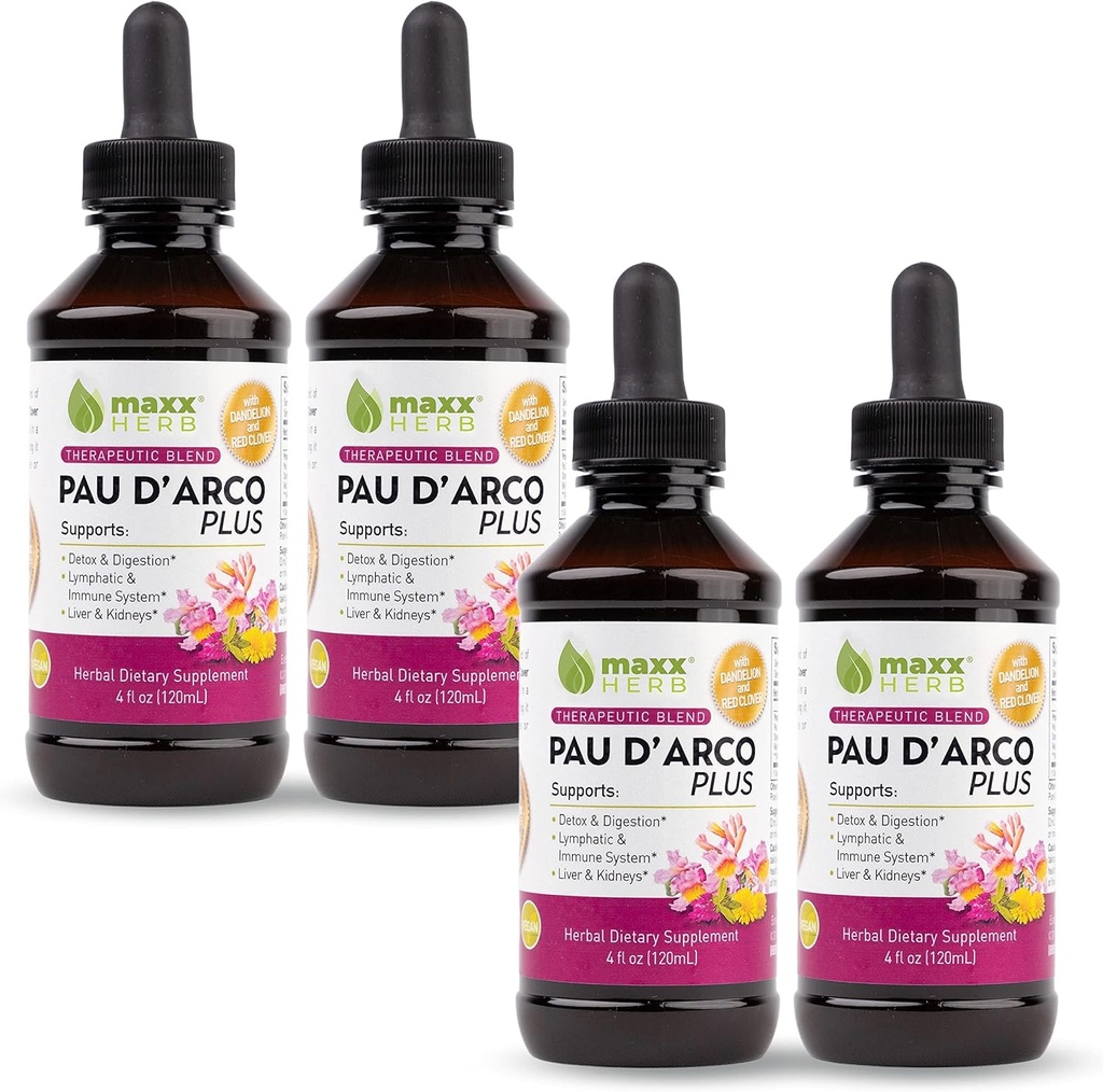 Maxx Herb PAU Extrait d'arco avec mélange thérapeutique de racine de dandelion et de trèfle rouge, PAU Absorbe la teinture de darco mieux que le thé ou les capsules Taheebo, pour le soutien immunitaire, 4 bouteilles (240 portions)