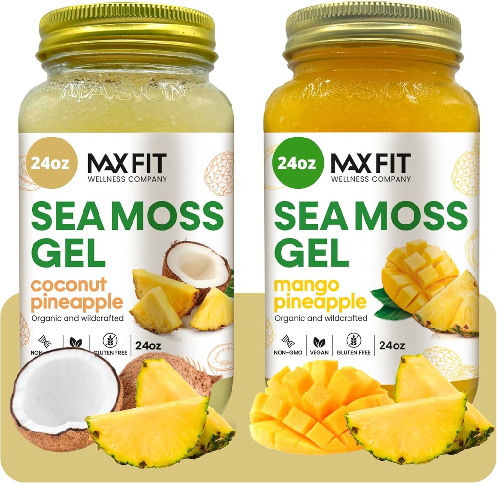 Sea Moss Gel Organic Raw (Bundle of 2 Jars 24oz) Kokosnuss Ananas und Mango Ananas Wildbemaltes Gold Sea Moss Gel von Saint Lucia | 92 Vitamine und Mineralien | Pure Raw+Non-GMO | Vegan Superfood