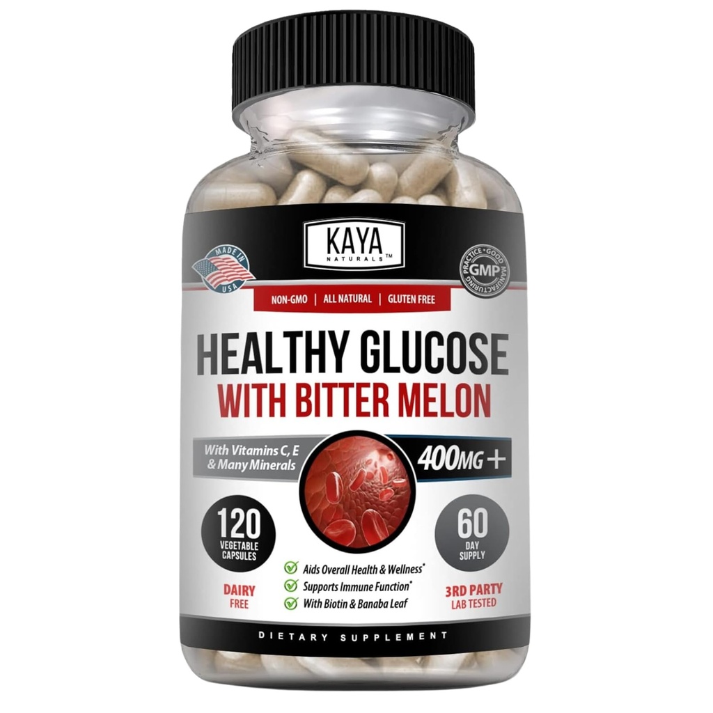 Kaya Naturals Gesundes Gluco mit Bittermelon-Ergänzung | Unterstützt gesunde Niveaus und Funktion, 20 Kräuter Vitamine und Mineralstoffe, Alpha Lipoic Acide, Cinnamon, Vitamin C & E, Non-GMO (120 Count)