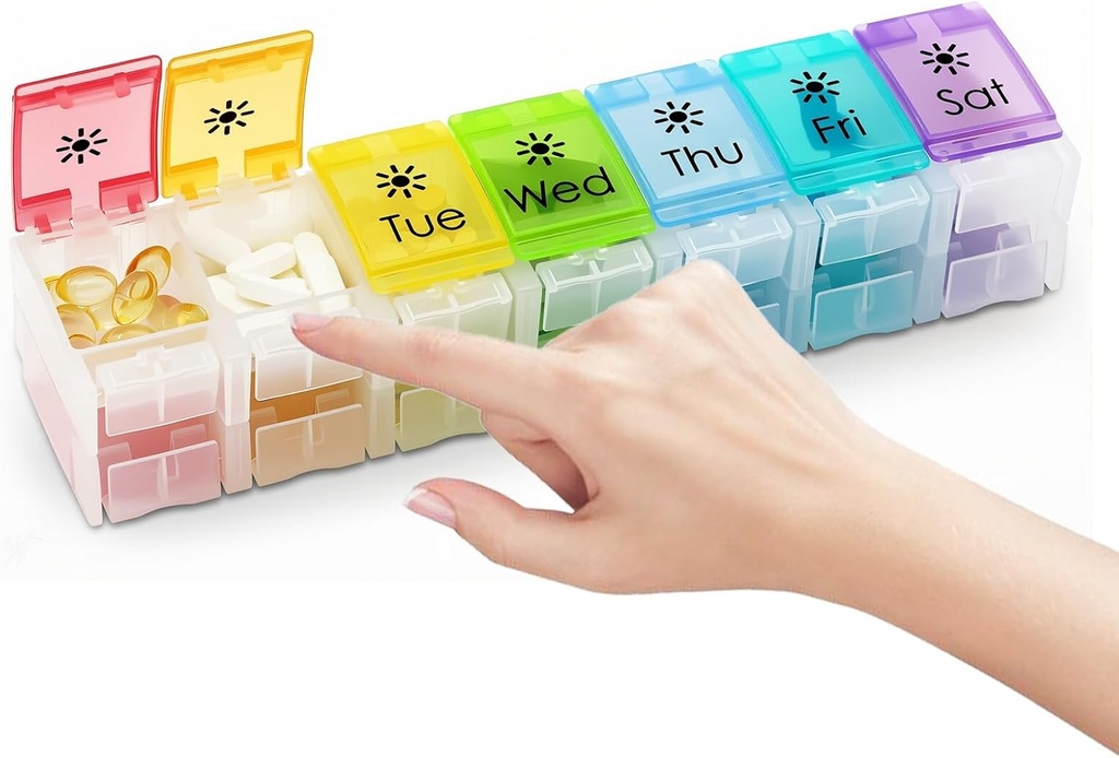 XL Large AM/PM Organizzatore settimanale di pillole Artrite amichevole, 2 volte al giorno scatola di pillole con design aperto di primavera, 7 giorni di vitamina caso con scomparti di pulsante