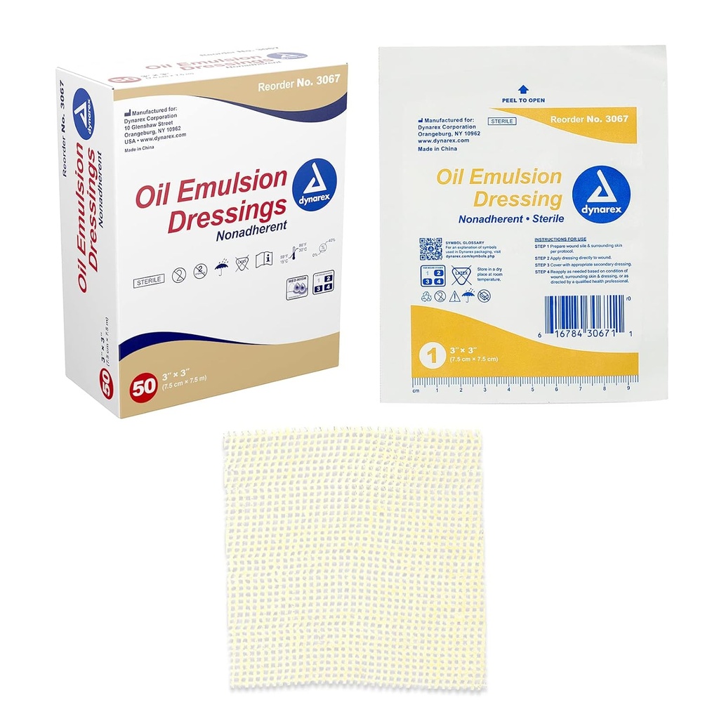 Dynarex Ölemulsion Dressings, Wound Care, Absorbent, 3” x 3” Steril gestrickte Gauze Dressing mit Emulsion Mischung von Petrolatum und Sonnenblumenöl, 1 Box von 50 Ölemulsion Dressings