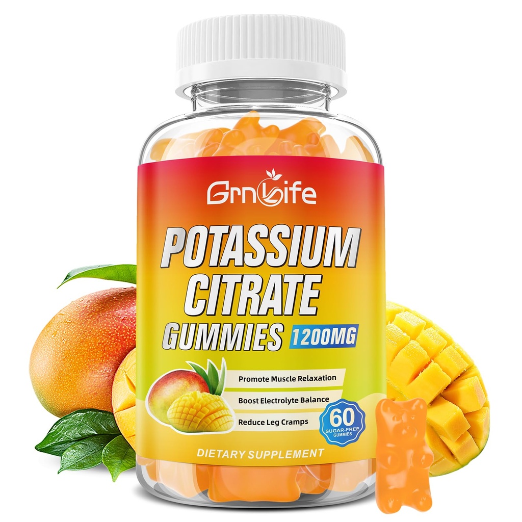 Kalium-Zitrat-Gummi, hohe Kalium-Ergänzung-Gummi-Gummi-Gummi 1200mg für Erwachsene & Kinder, Unterstützung Leg Cramps & Muskel-Gesundheit, Vegan, Mango Flavor 60 Count