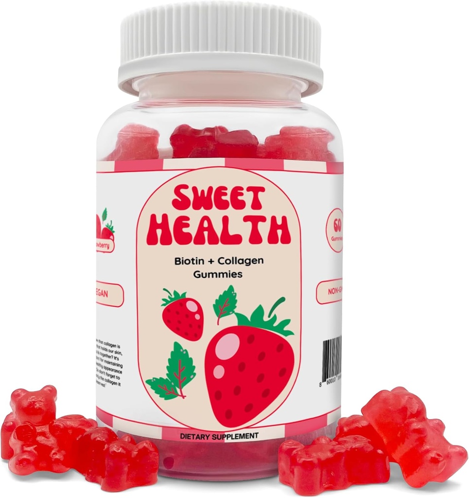 Süße Gesundheit Haargummis | Youthful Skin + Haarwachstum + Starke Nägel | 10.000% Biotin + Collagen | Non-GMO | Sweet Strawberry