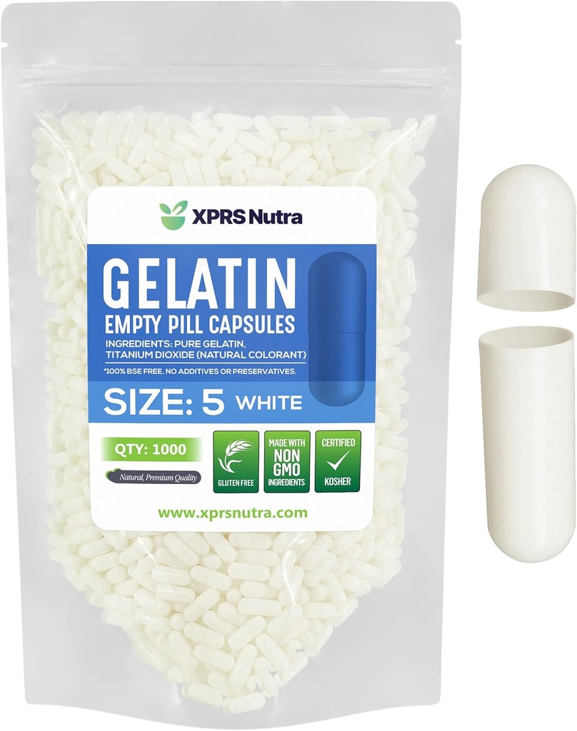 XPRS Nutra Größe 5 Leere Kapseln - 1000 Graf Sehr kleine leere Gelatine Kapseln - Pillen DIY Kapsel Füllung - Fillable Pillen Gel Kapseln für Do-It-Yourself Vitamin Supplements (Weiß)