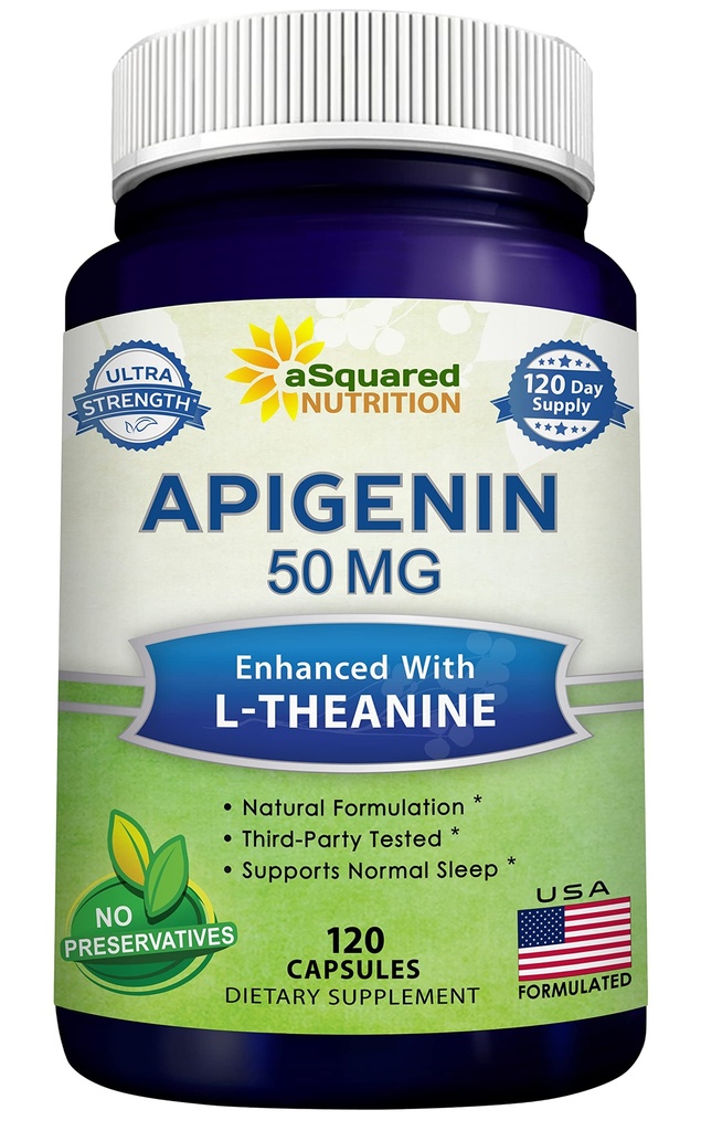 aSquared Nutrition Apigenin 50mg & L-Theanine 200mg - 120 Capsules - Apigenin Supplément pilules pour le sommeil et la détente - Extrait bioflavonoïde naturel trouvé dans le thé de la camomille