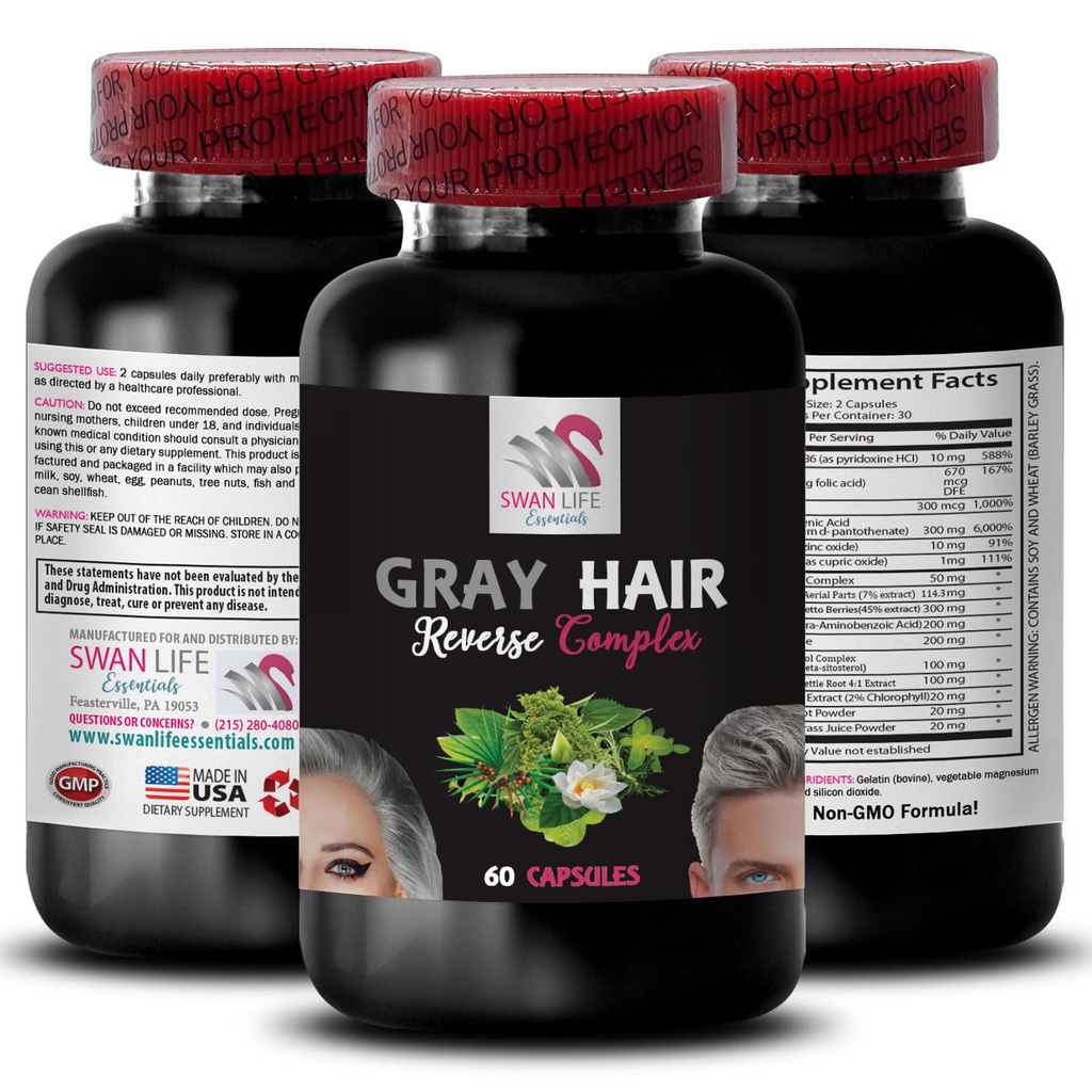 Pflanze Sterol Complex - GRAY HAIR REVERSE - üppiges Haar, strahlendes Glanz, Haar funkeln, revitalisierende Formel, jugendlicher Ton, Haarverjünger, Haarstreu, natürliche Haarfarbe 1 Flasche 60 Kapseln