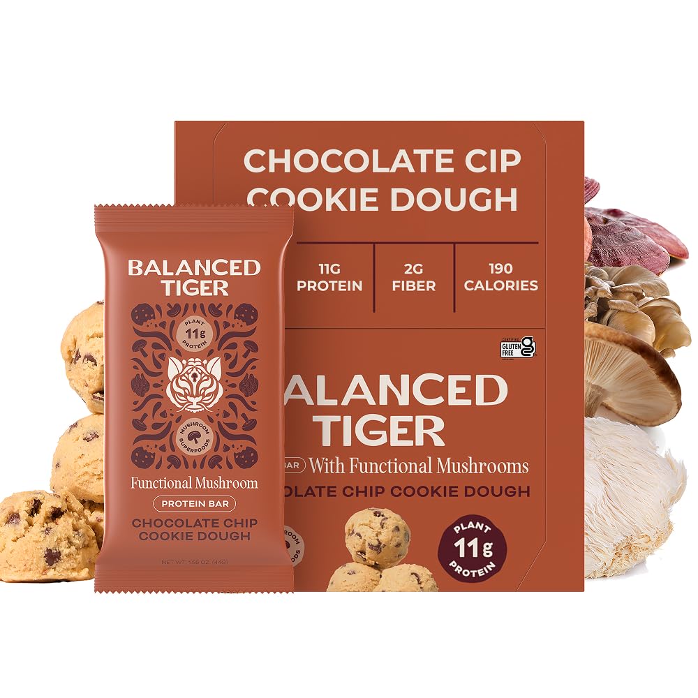 Bio-Funktional Pilz Vegan Protein Bars | Made in USA | Full Dose (1500mg) Lions Mane, Chaga, Reishi & Cordyceps Bars | Pflanzenprotein Bars w/ Adaptogens & Superfoods | Chocolate Chip Cookie Dough