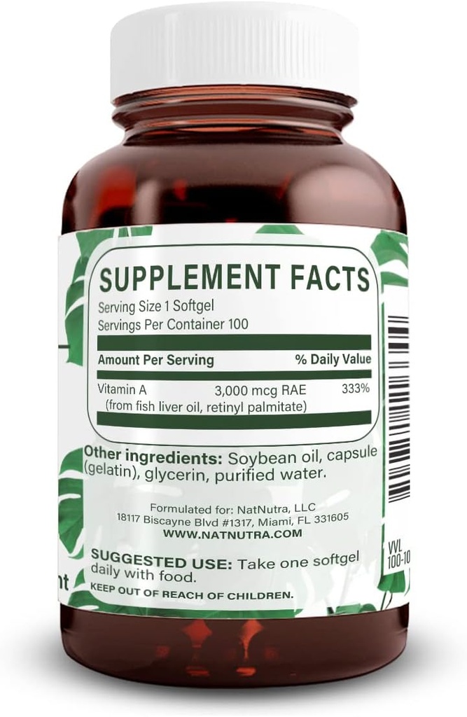 Vitamine Nutra naturelle A 10 000 UI softgels – Vitamines oculaires et cutanées de haute puissance – Sans gluten - Supplément pour la vue et la santé de la peau – Huile de foie de poisson pour les hommes et les femmes, sans gluten 100 Softgels (3 Pack)