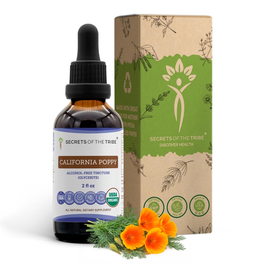 Segreti della Tribe California Poppy Tincture Alcohol-Free Liquid Extract, USDA Organic California Poppy (Eschscholzia Californica) Dried Root (2 FL OZ)