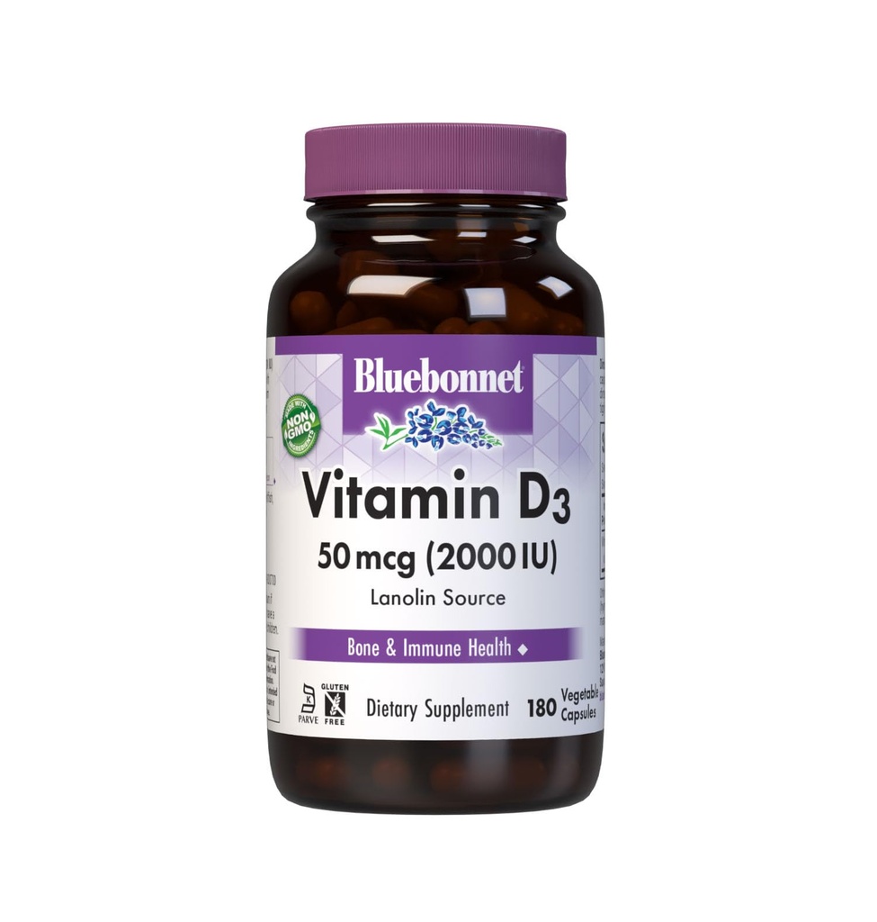Bluebonnet Nutrition Vitamin D3 2000 IU Gemüsekapsel, Hilfsmittel im Muskel- und Skelettwachstum, Cholecalciferol aus Lanolin, D3, Non GMO, Glutenfrei, Sojafrei, Milchfrei, Kosher, 180 Gemüsekapsel
