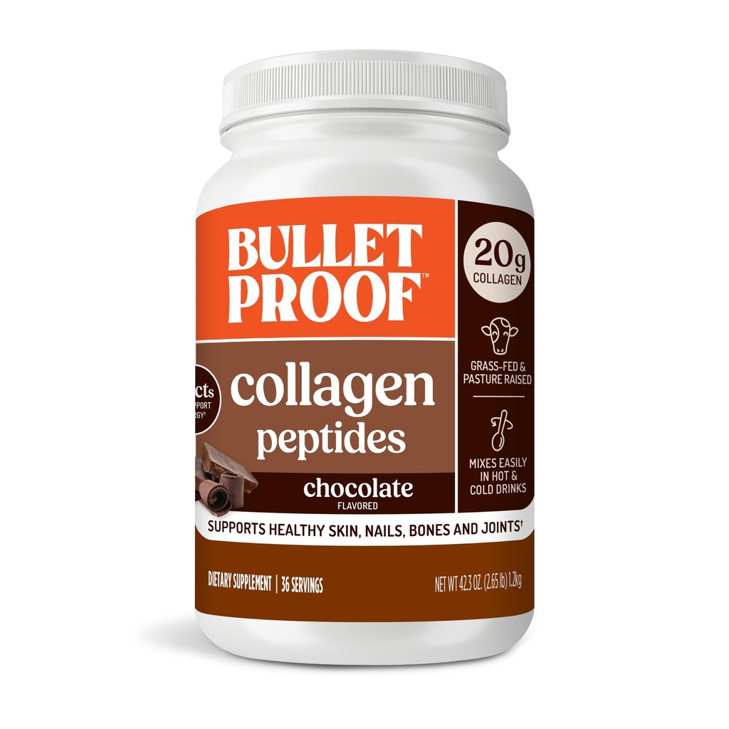 Poudre de protéines de collagène de chocolat à l'épreuve des balles avec huile MCT, 19g de protéines, 42.3 Oz, taille de valeur, peptides de collagène et acides aminés pour une peau, des os et des articulations saines