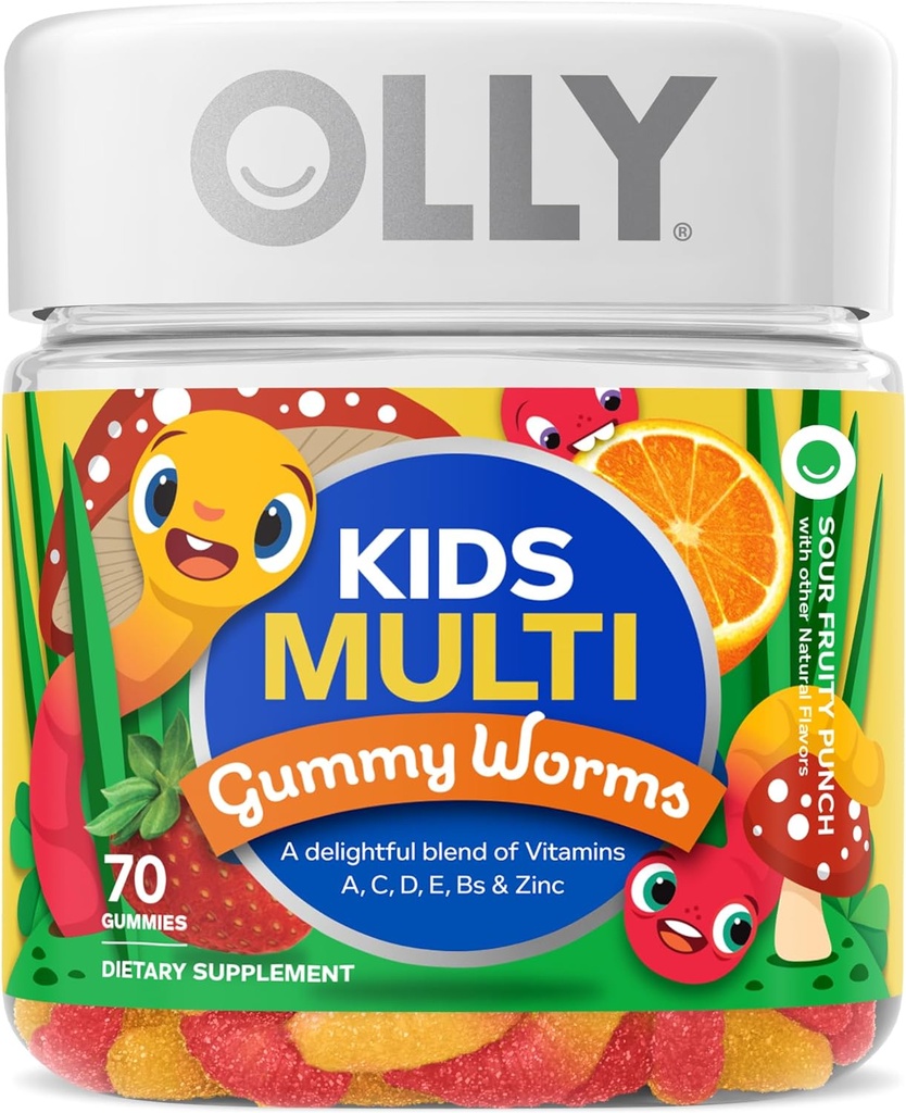 OLLY Kids Multivitamin Gummy Worms Sour Fruit Punch Vitamine A C D E Bs Zink 45 Tage Versorgung 70 Count