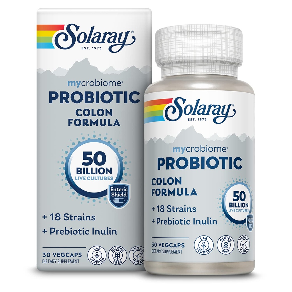 SOLARAY Mycrobiome Probiotic Colon Formel, Vegan, Verdauungsfunktion, Colon Health und Immunsystem Unterstützung, 50 Billion CFU, 18 Strains, Prebiotic Inulin, 60-Day Garantie, 30 Servietten, 30 VegCaps