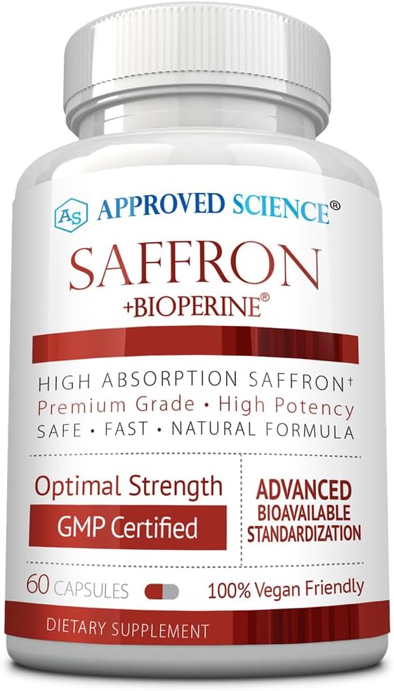 Approvato Science® Saffron Standardizzato al 3% Crocin, 2% Safranal - BioPerine ad alto assorbimento - Vegan, 60 capsule - Confezione da 1