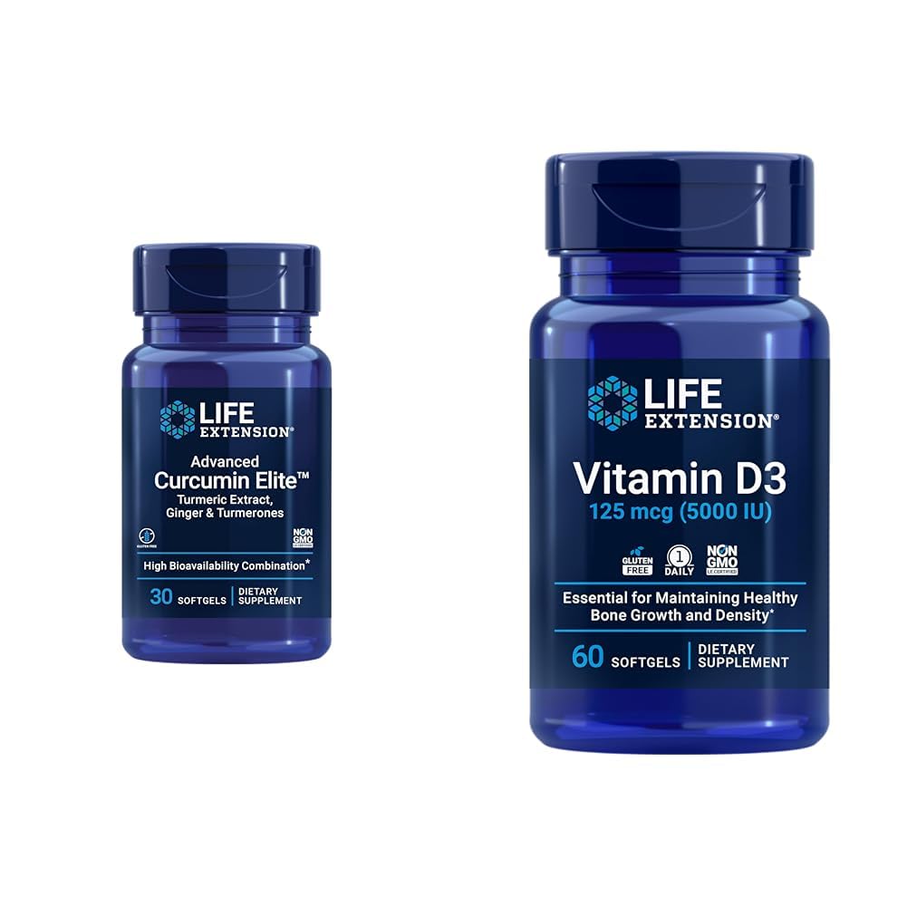 Estensione della vita Curcumin Elite Turmeric Ginger Extract & Vitamina D3 5000 IU Softgels - Salute risposta immunitaria e salute del cervello di Bone - 30 & 60 Conte
