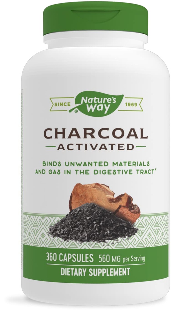 Nature's Way Activated Charcoal, Binds Unwanted Materials and Gas in the Digestive Tract*, 560 mg pro 2-Capsule Serving, 360 Capsules (Packaging May Vary)