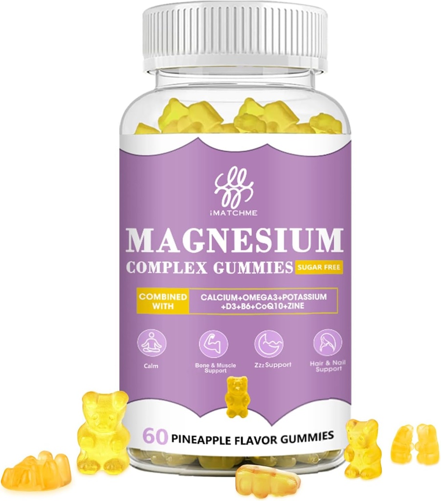 iMATCHME Magnesio Glycinate Gummies con Magnesio Malato, Taurate, Citrato, Potassium Complex Supplement con CoQ10, Calcio, Supporti per Memoria, Bone, Calma, Sonno, 60 Ananas Gummies