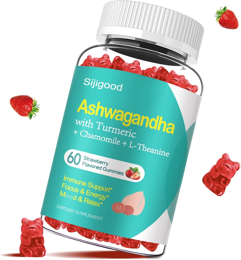 Ashwagandha Gummies mit L-Theanin, Ashwa Root Supplement Gummy für Frauen Männer, 60 Erdbeeren Flavored Gummies
