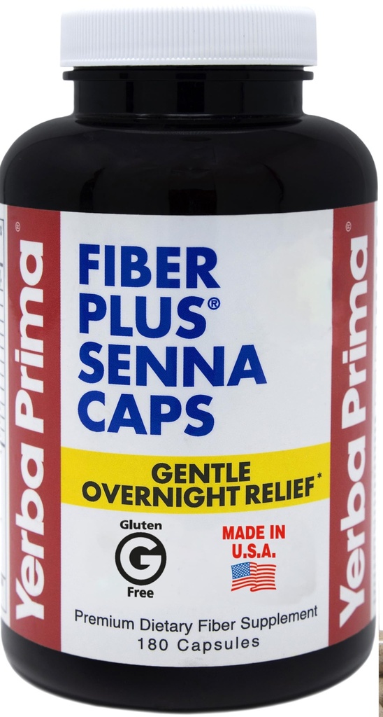 Yerba Prima Fiber Plus Senna Kapseln, 180 Count - Gentle Overnight Relief, USA Made, Non-GMO, Gluten-Free