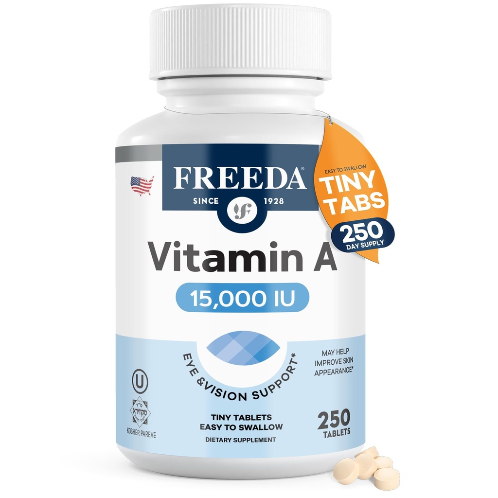 Freeda Vitamina A 15.000 UI – Retinyl Palmitate – Vegan, Kosher, No Fish – Eye, Vision, Immune & Skin Support – Tiny Easy-to-Swallow Tablets – VIT A Vitamina A Supplemento – 250 compresse