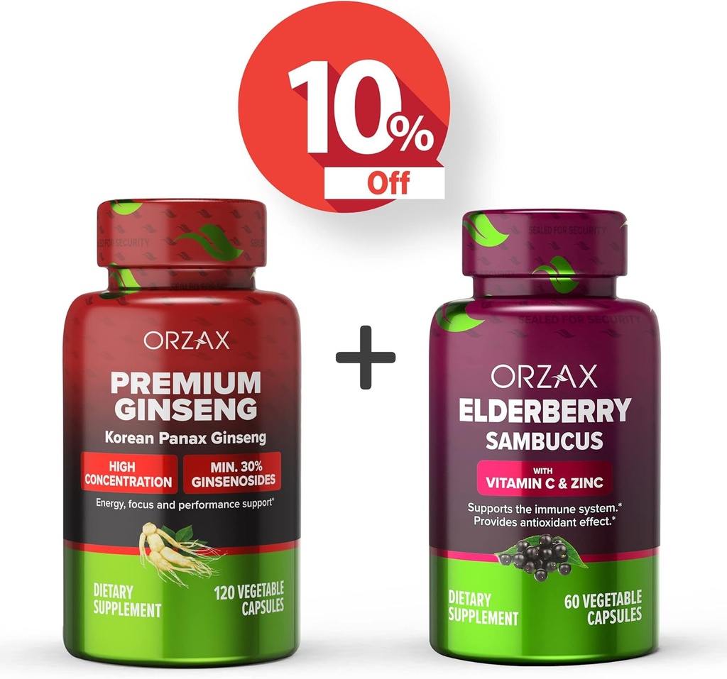 ORZAX Ginseng, 30% Ginsenosides, Premium 120 capsule vegetali e capsule di sambuco, 2000mg 60 capsule vegetali, Bundle