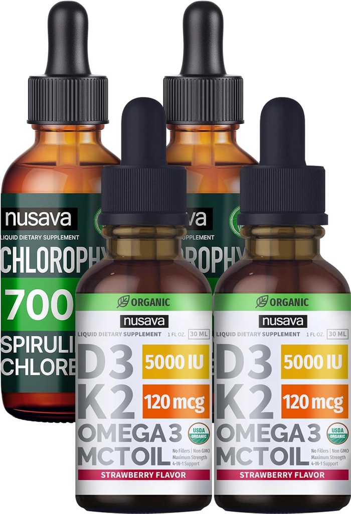NUSAVA Fraise aromatisée D3 K2 gouttes et Chlorophylle gouttes liquides - Potent Vitamines liquides pour le cœur, joint, énergie, et le soutien immunitaire - Non-OGM, sans gluten, 2pk Chaque
