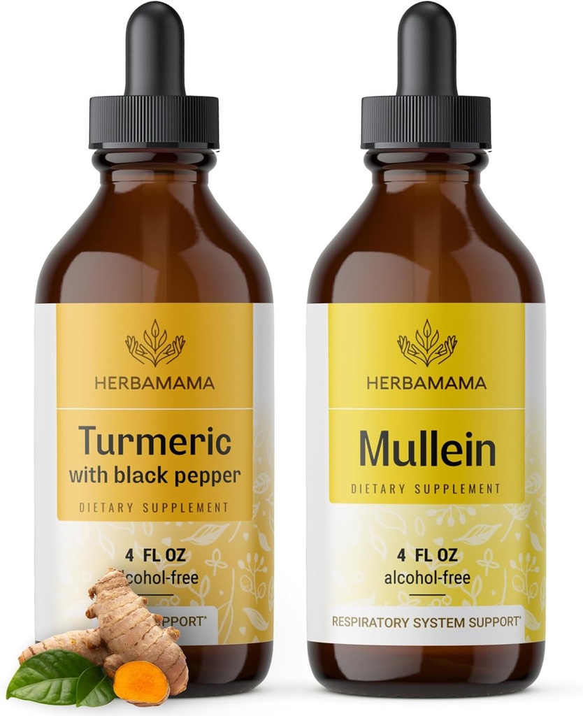 HERBAMAMA Liquid Drops Kit - Bundle Kurkumin Extrakt & Mullein Blatt Tinktur - Vegan, Non-GMO, Zucker & Alkoholfrei - 2 Pack