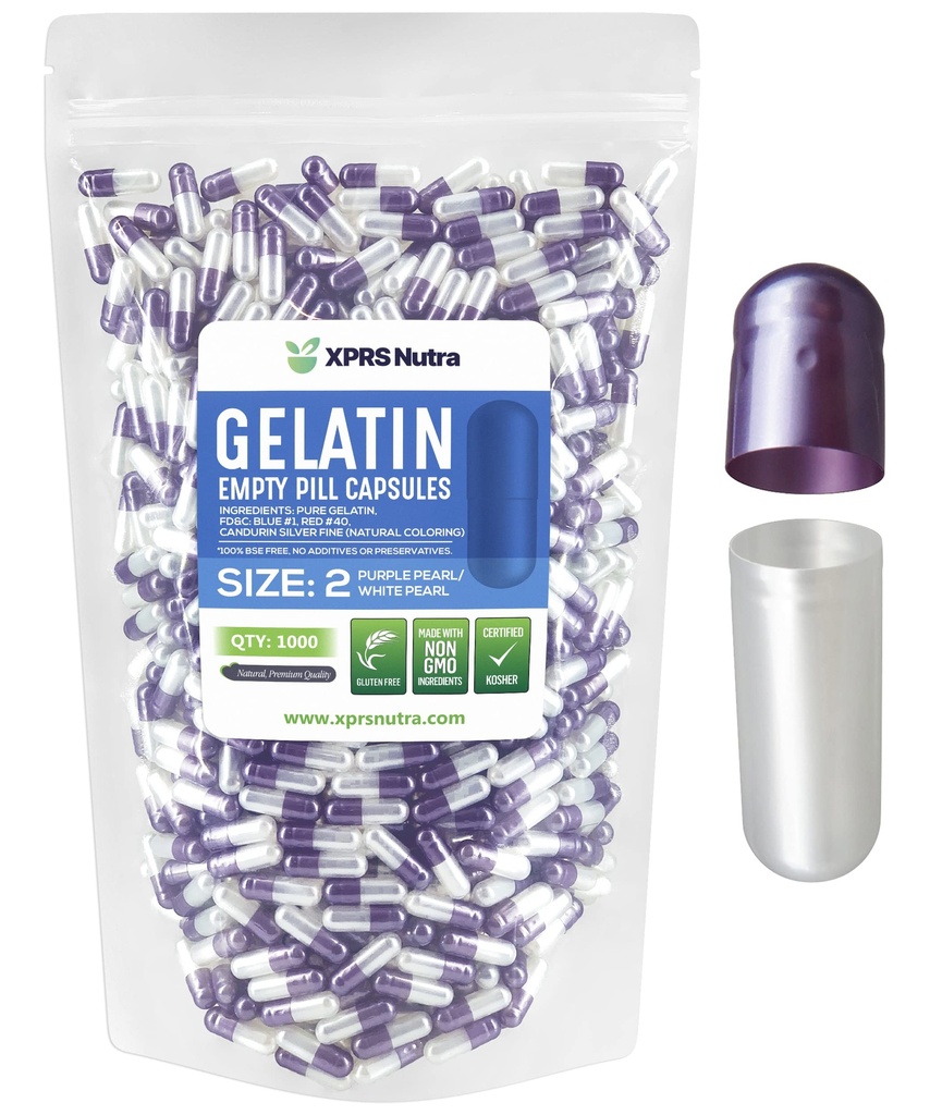 XPRS Nutra Size 2 Empty Capsules - 1000 Count Empty Gelatin Capsules - Pills DIY Capsule Filling - Pure Bovine Pill Gel Caps for Do-It-Yourself Supplements (Pearl Purple/White)