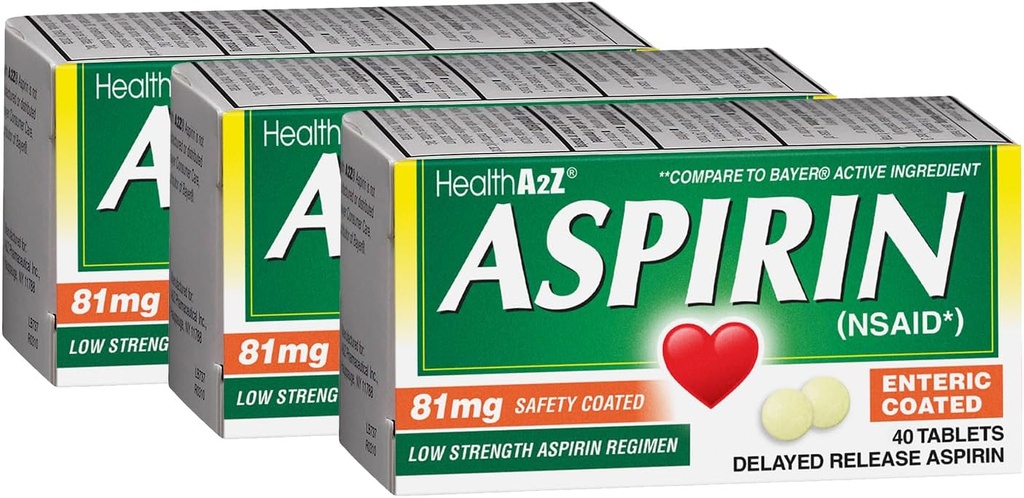 HealthA2Z® Aspirin 81 mg | Low Strength | Enteric Coated | Pain Relief | Reduces Minor Aches Muscle Pain & Cramps | Fever Reducer | Reduces Headache (40 Zähler (Pack von 3))