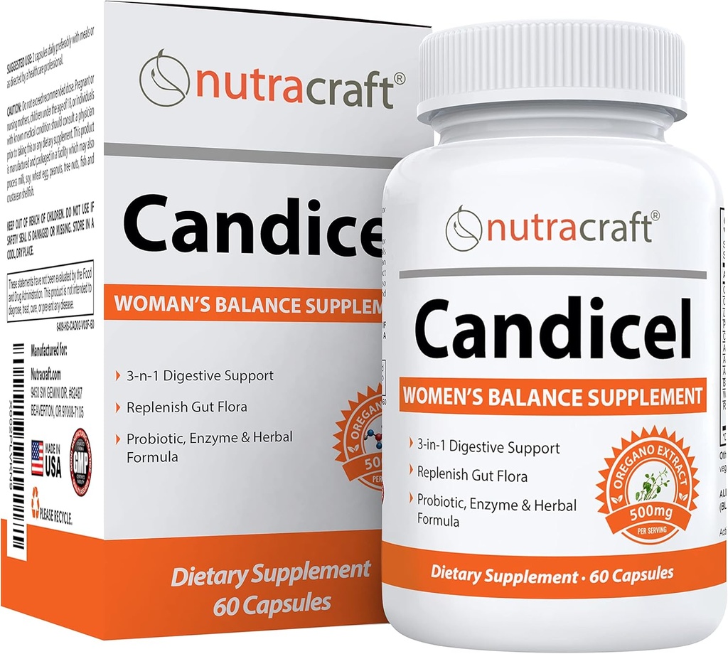 Nutracraft Candidel #1 Supplément Flora Intestinal : Acide Caprylique, Origan, Wormwood, Noyer Noir & Probiotiques pour le support de la surcroissance : 60 Capsules (non-OGM)