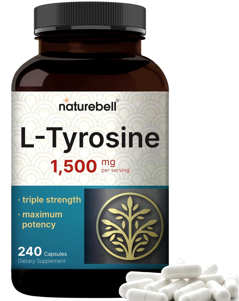 Supplément à la tyrosine, 1 500mg par portion, 240 capsules – Acides aminés essentiels – Soutien de la santé cérébrale pour la mémoire, la santé cognitive et l'alerte mentale – non-OGM