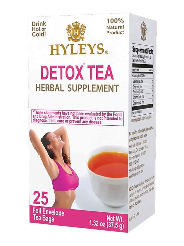Hyleys Detox Tea for Cleanse – Black Tea with Ginger, Honey & Cinnamon – 25 sacchetti di tè (1 pacchetto) – Supporta la digestione, il disintossicante & Bloating Relief