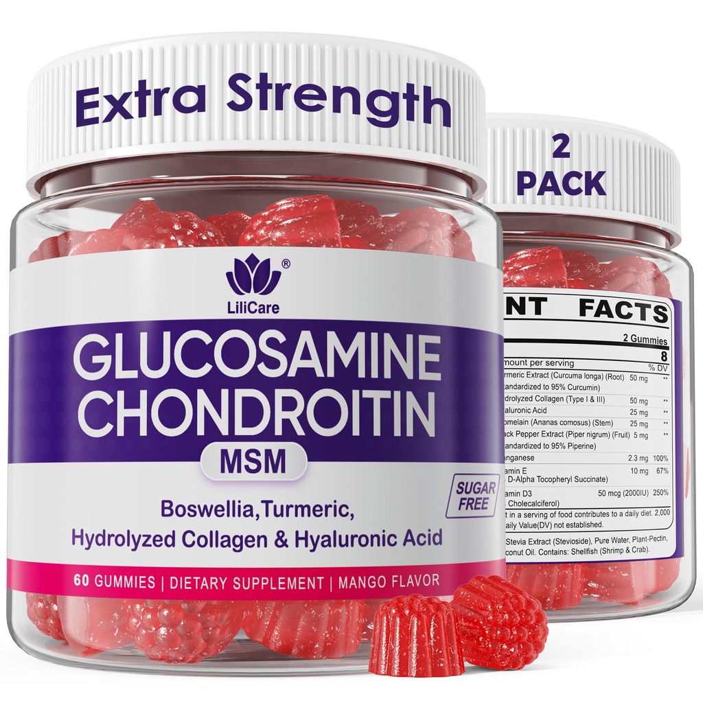 Glucosamin Chondroitin Gummies, Zuckerfreies Glucosamin Chondroitin MSM Supplement, Extra Strength mit Boswellia Kurkuma, hydrolysiertes Kollagen & Hyaluronsäure, Knochengesundheit für Männer & Frauen, 120 Cts