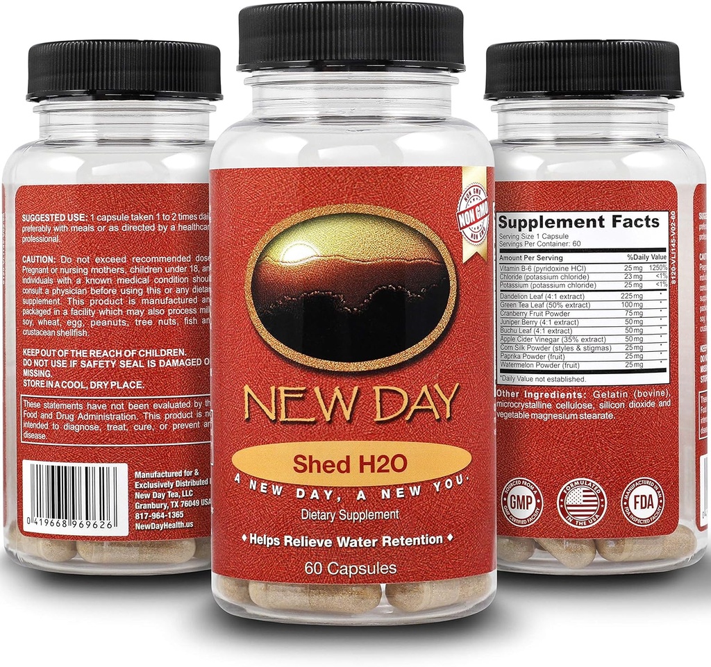 Shed H2O | Natürliche diuretische Wasser Pillen für Wasserretention Relief, unterstützt Männer und Frauen in der Reduzierung von Bloating und Wasser Gewicht | Unterstützt gesunde Kalium Levels durch New Day Health