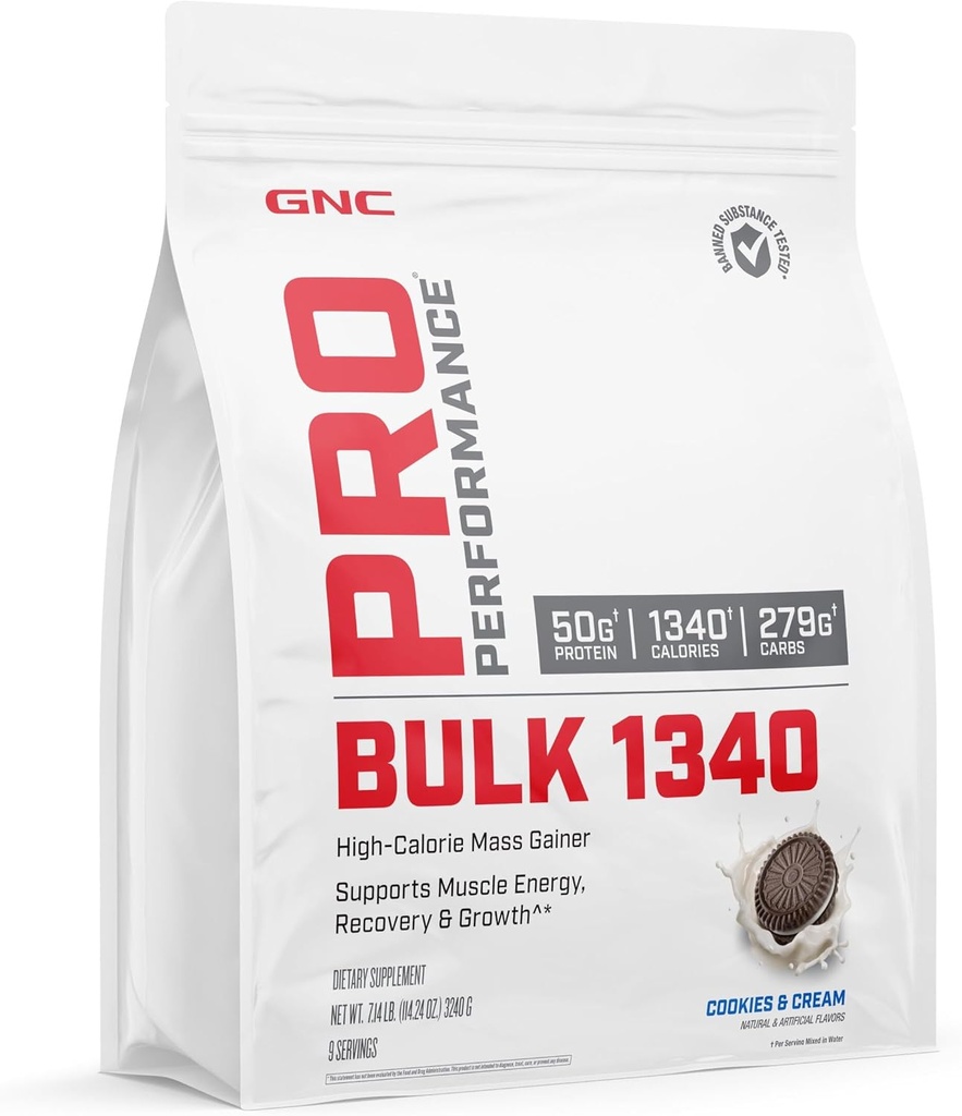 GNC Pro Performance Bulk 1340 Mass Gainer Protein Powder, 50g, Gluten Free, Whey, Creatina, BCAA, 3rd Party Tested, Muscle Recovery & Growth, Micronutrienti, Biscotti e Crema, 9 Serve