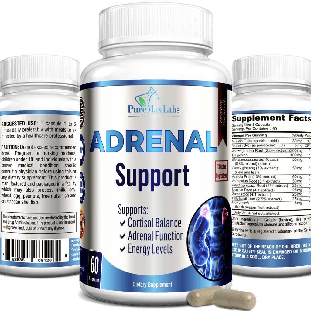 Supporto surrenale, Cortisol Manager, Salute surrenale, Mantenere livelli di cortisolo bilanciati, Supplemento di sollievo da stress con Ashwagandha, L-Tyrosina - 60 capsule