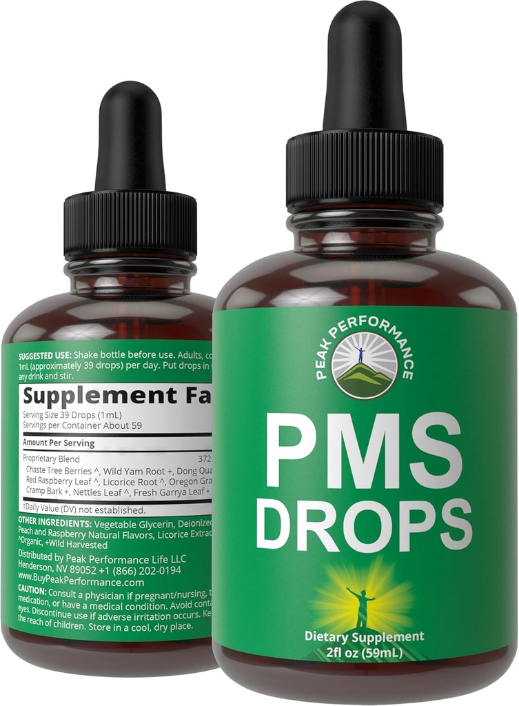 PMS Relief 9-in-1 Liquid Drops Supplemento. 9 Ingredienti di erbe per il periodo di sostegno Cramps Dolore per le donne. Vegan, Zero Zucchero Vitamine con Organic Chaste Tree Berries, Cramp Bark, Yam Root, Nettle Leaf