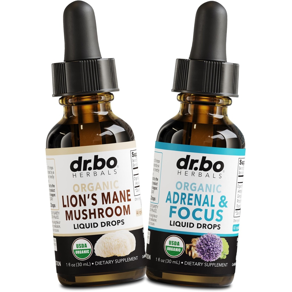 Lions Mane Mushroom & gocce surrenali - Organic Lion's Mane Mushroom Liquid Tincture & Adrenal and Focus Supplement Drops, Fog, Brain Health Supplements - Organic Lions Extract Cortisol Support