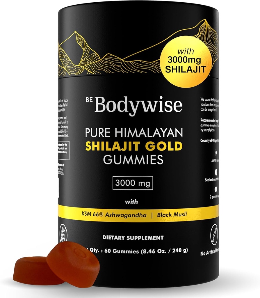 Be Bodywise Pure Himalayan Shilajit Gummies Gold I Lab Tested I No Added Sugar I Ashwagandha, Gokshura| Fulvic Acid & 85+ Trace Minerals I für Männer, Frauen I Non-GMO I 100% Natural & Organic I 60 Gummy